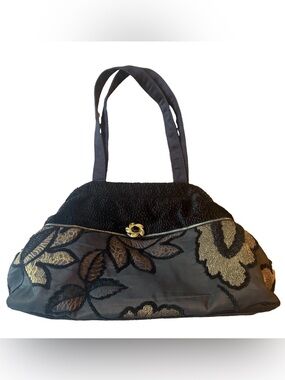 Atenti Doctor Bag Black On Black Floral Tapestry Faux Shearling Tote w/ Pouch